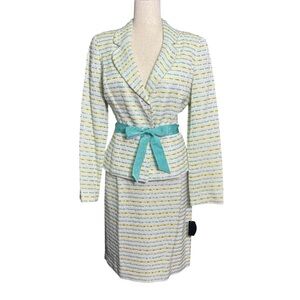 Carmen Marc Valvo Beaded Cream and Green Striped Skirt and Jacket Suit Size 8
